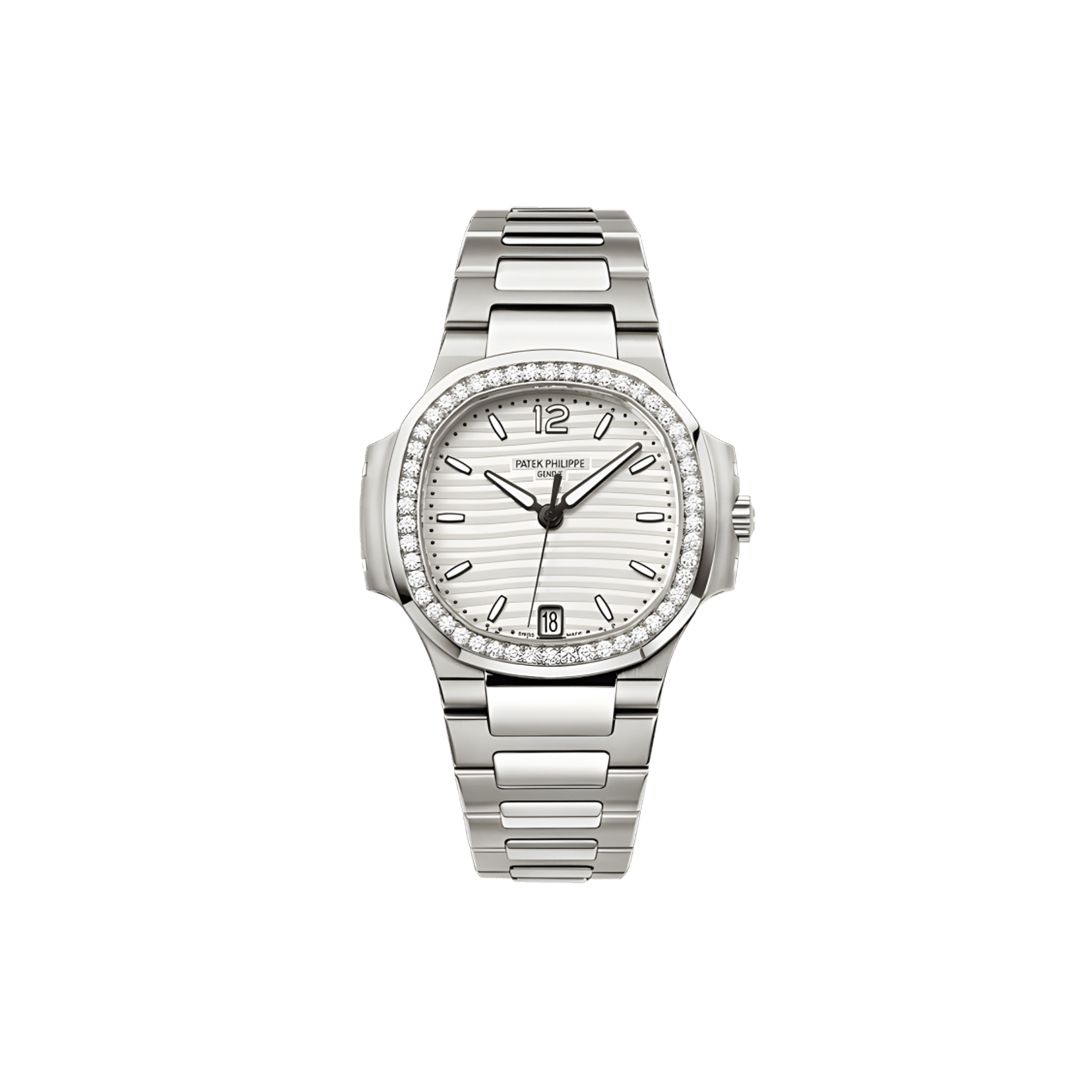 PATEK PHILIPPE NAUTILUS SILVER DIAL DIAMOND STEEL LADIES WATCH 7018 32MM